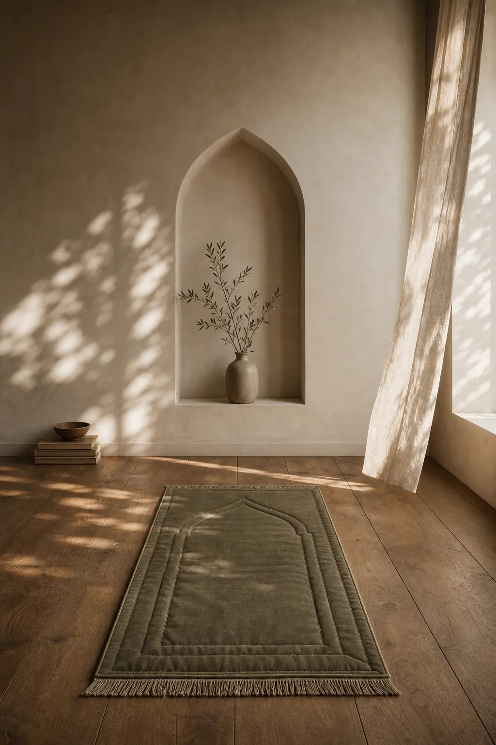A quiet, sun-lit room with a mihrab-shaped wall niche holding a single olive branch, a mat laid on the wood floor below