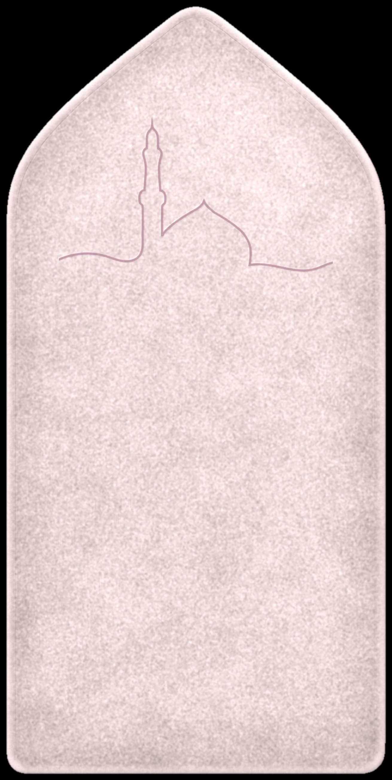 A soft blush-pink velvet prayer mat, cut to a mihrab arch, with a single unbroken line tracing a minaret and dome